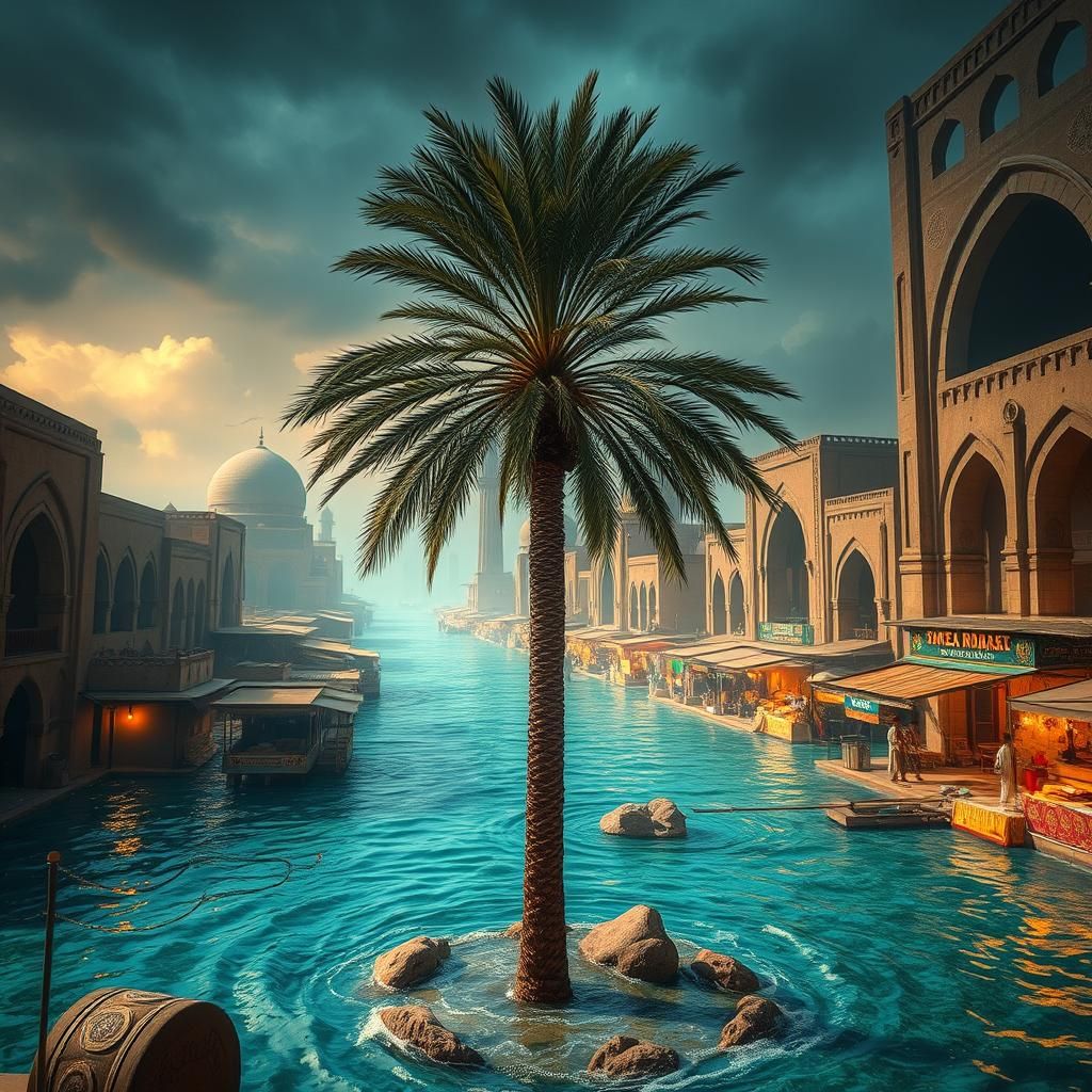 Flooded Desert City with Palm Tree in Cyberpunk Style