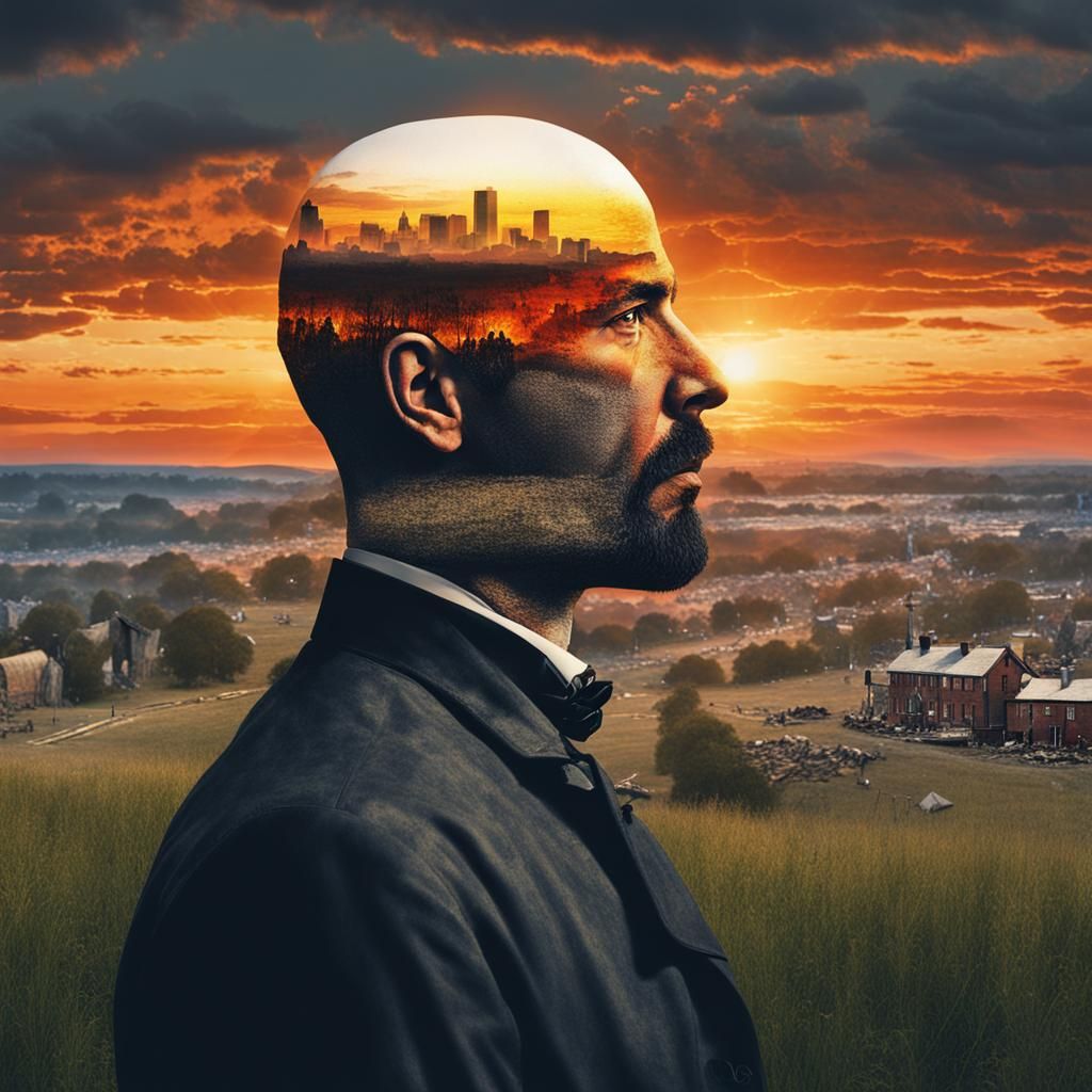 Surreal Face Cityscape Sunset in Double Exposure Style