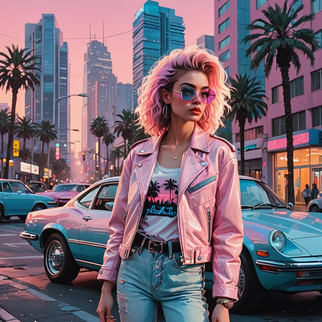Retrofuturistic Cityscape with Neon and Pastel Car