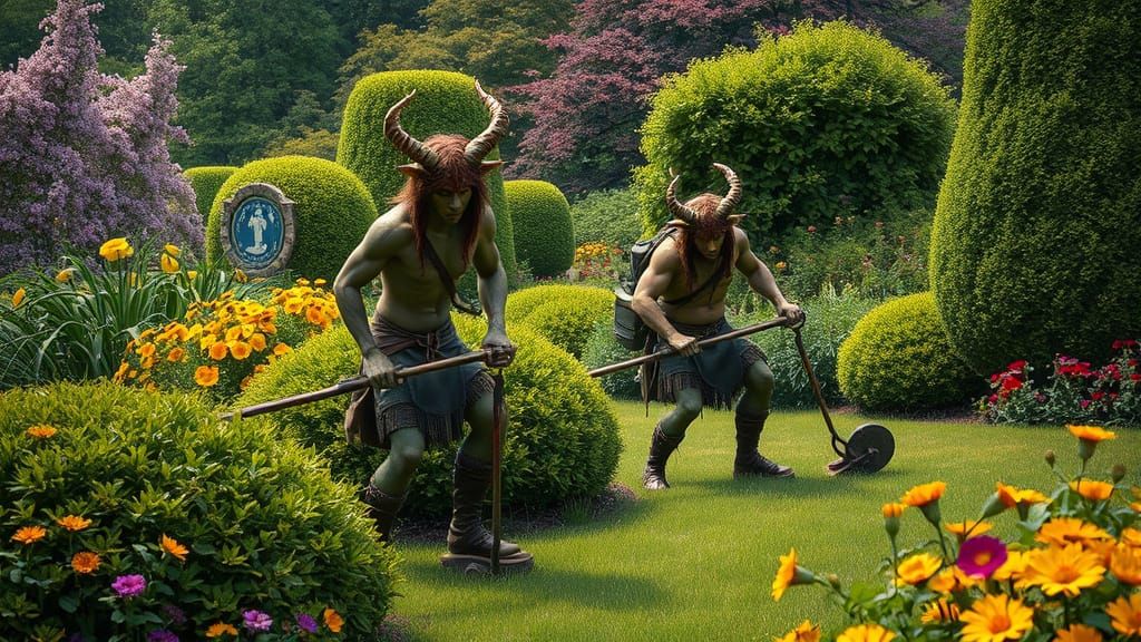 Satyrs Tend a Victorian Garden in Hyperrealistic Style