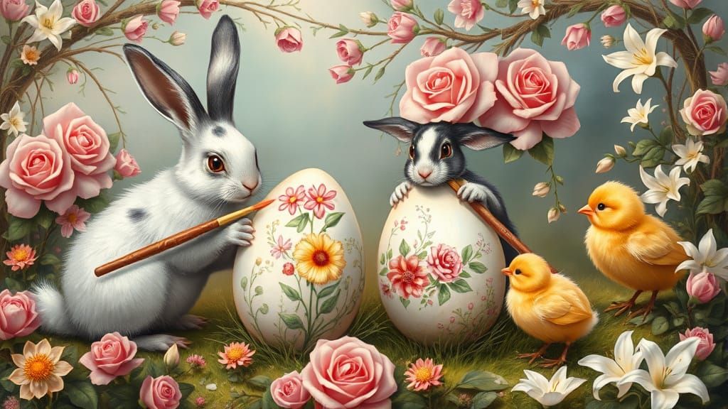 Rabbits and Chicks Painting Easter Eggs in Ethereal Style