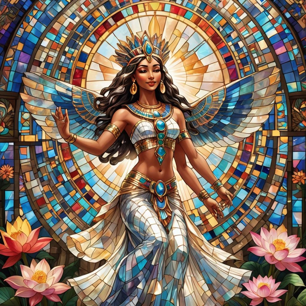 Egyptian Winged Goddess Dancing with Lotus Flowers