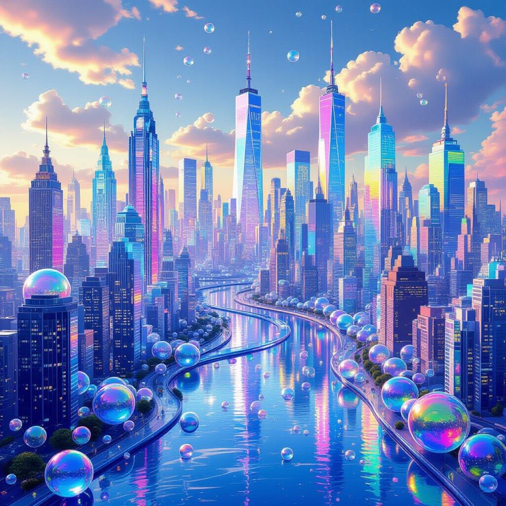 Iridescent Soap Bubble Cityscape with Rainbow Liquid Archite...