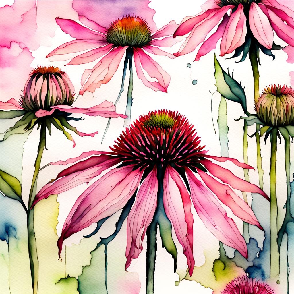 Mystical Pink Coneflower in Watercolor Alcohol Ink