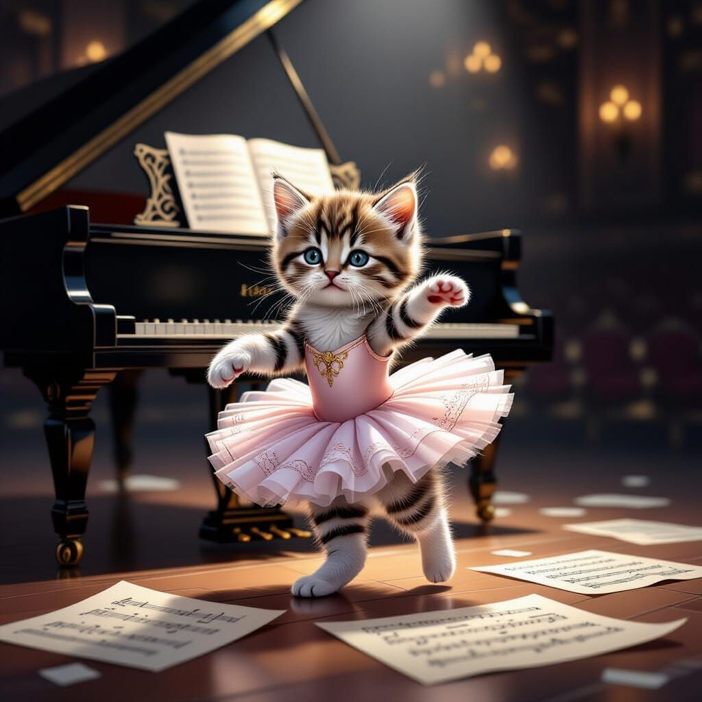 Kitten Ballerina Pirouettes on Grand Piano in Spotlight