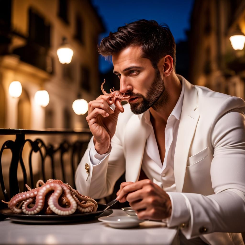 Man Enjoying Octopus in Trastevere: Professional Photography