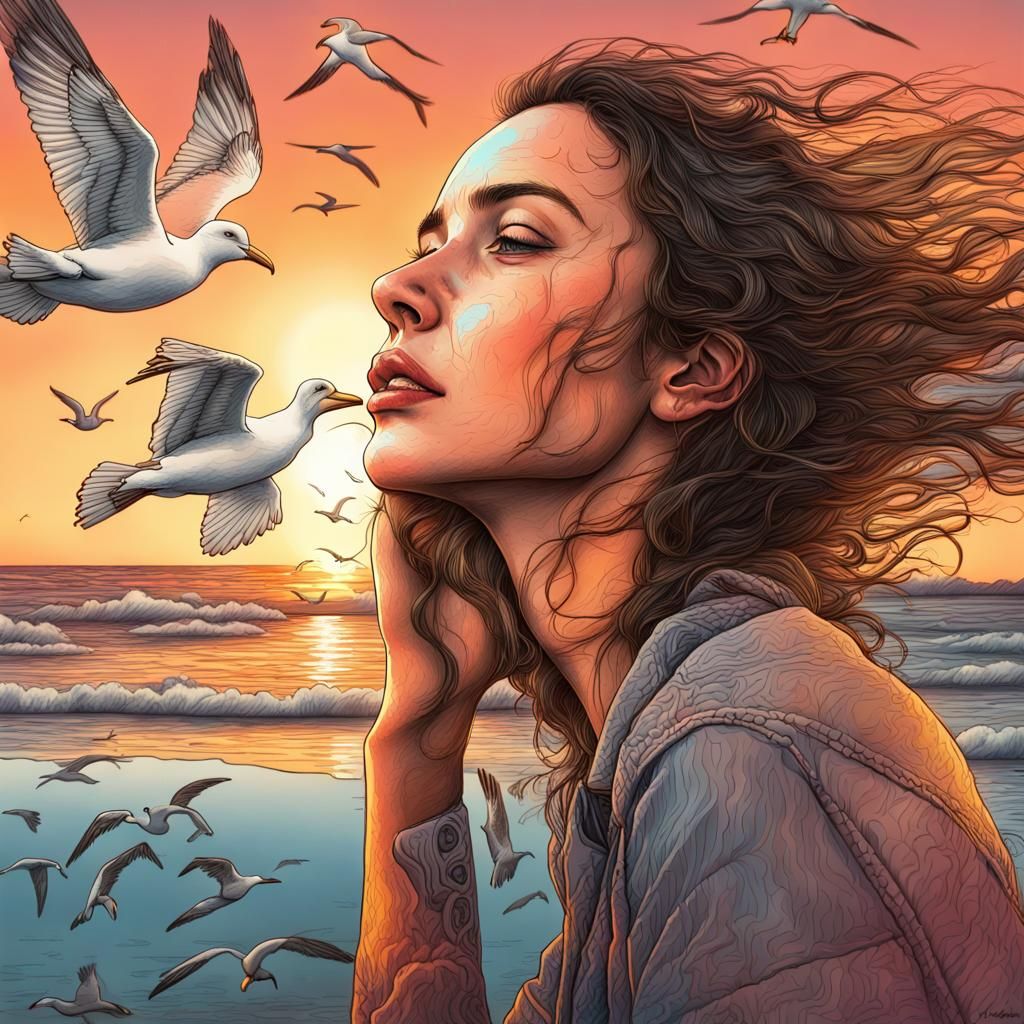Woman Remembers Friend at Sunset: Pen and Pencil Art
