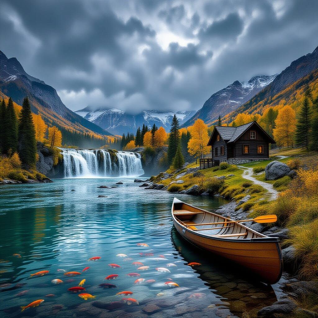 Cascading Waterfall in Autumn Landscape