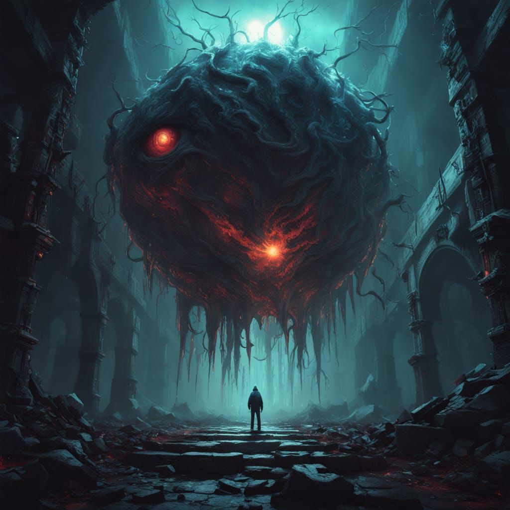 Ominous Beholder Floating Above Ancient Dungeon