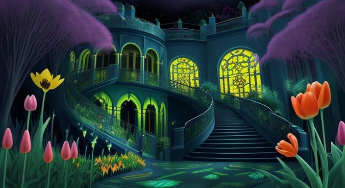 Surreal Greenhouse Staircase with Vibrant Tulips and Sunflow...