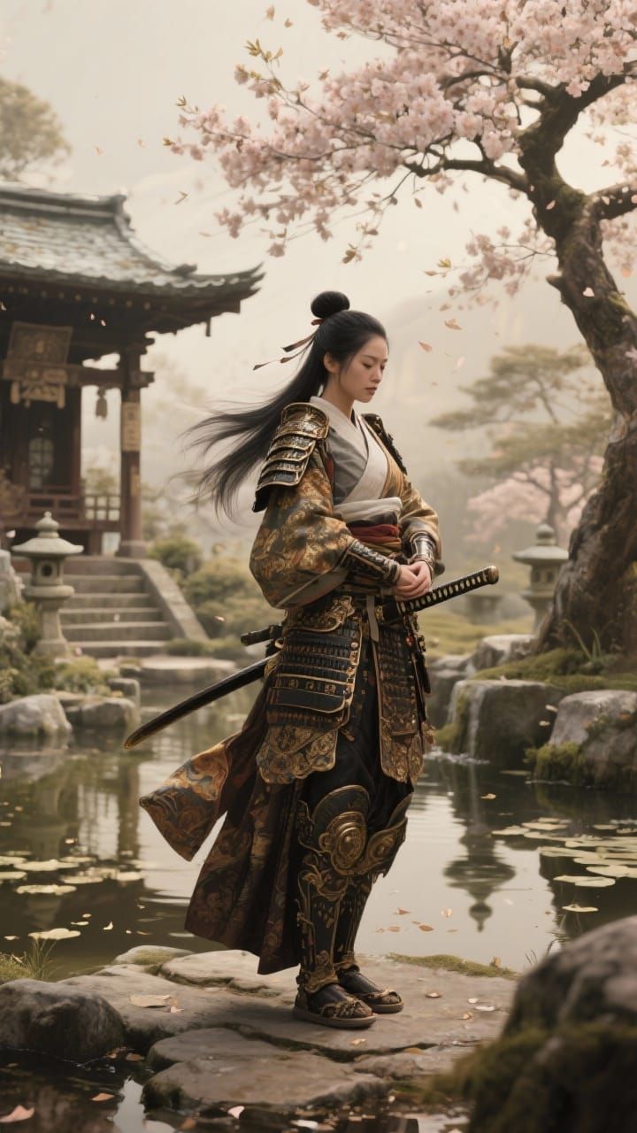 Serene Samurai Woman Meditates in Japanese Garden