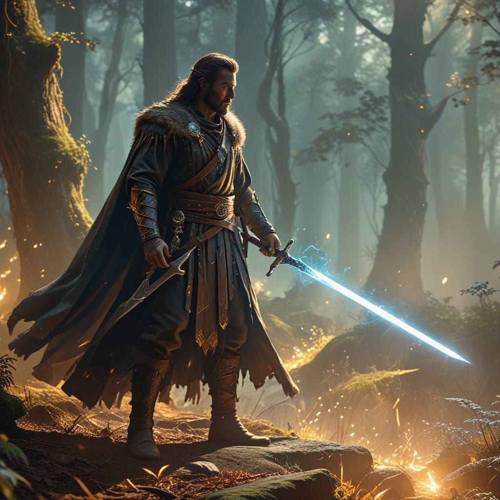 Ethereal Sorcerer Wields Glowing Magic Sword in Majestic For...