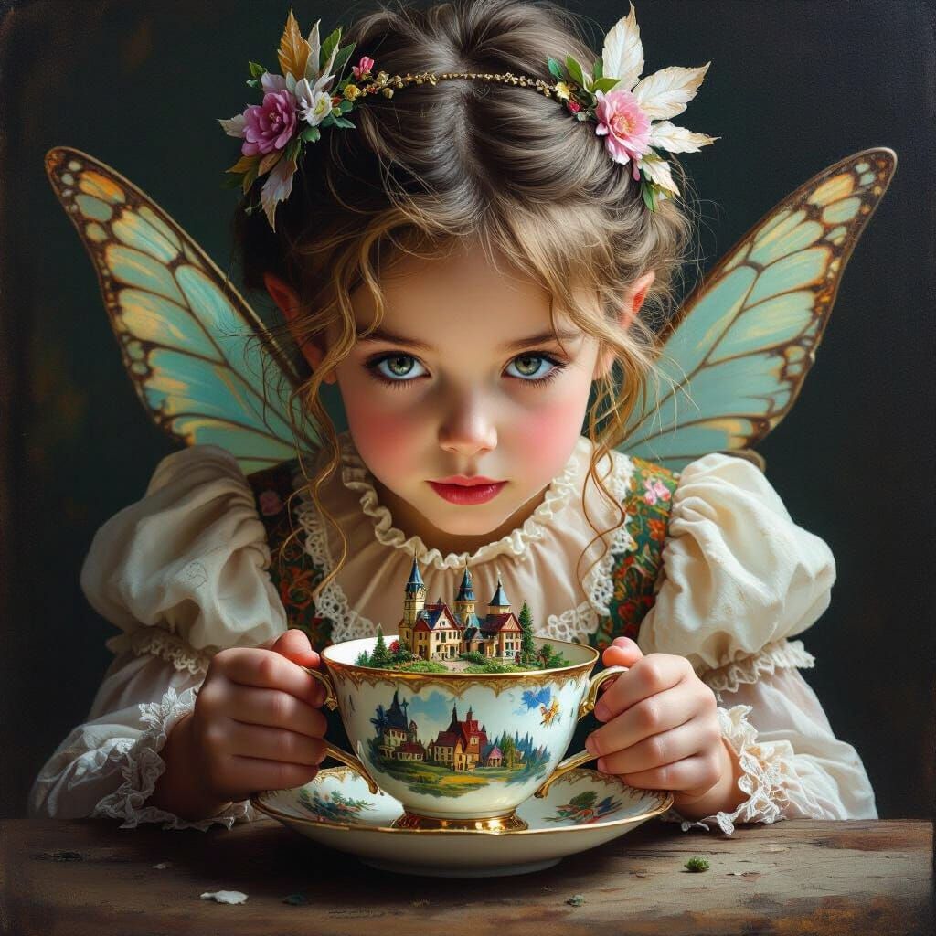 Fairy Discovering Miniature Village in Teacup, Hyperrealisti...