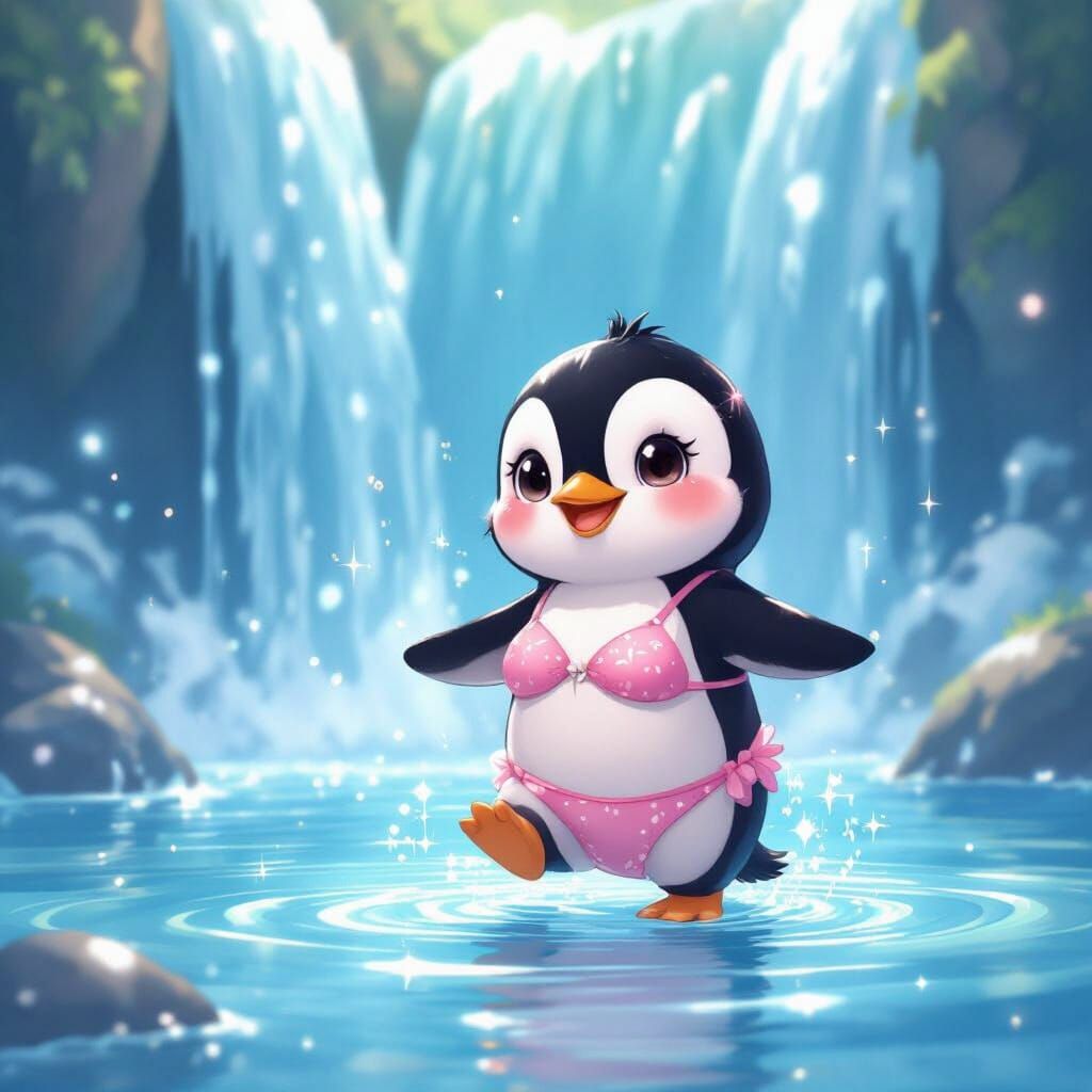 Whimsical Penguin by Sparkling Waterfall