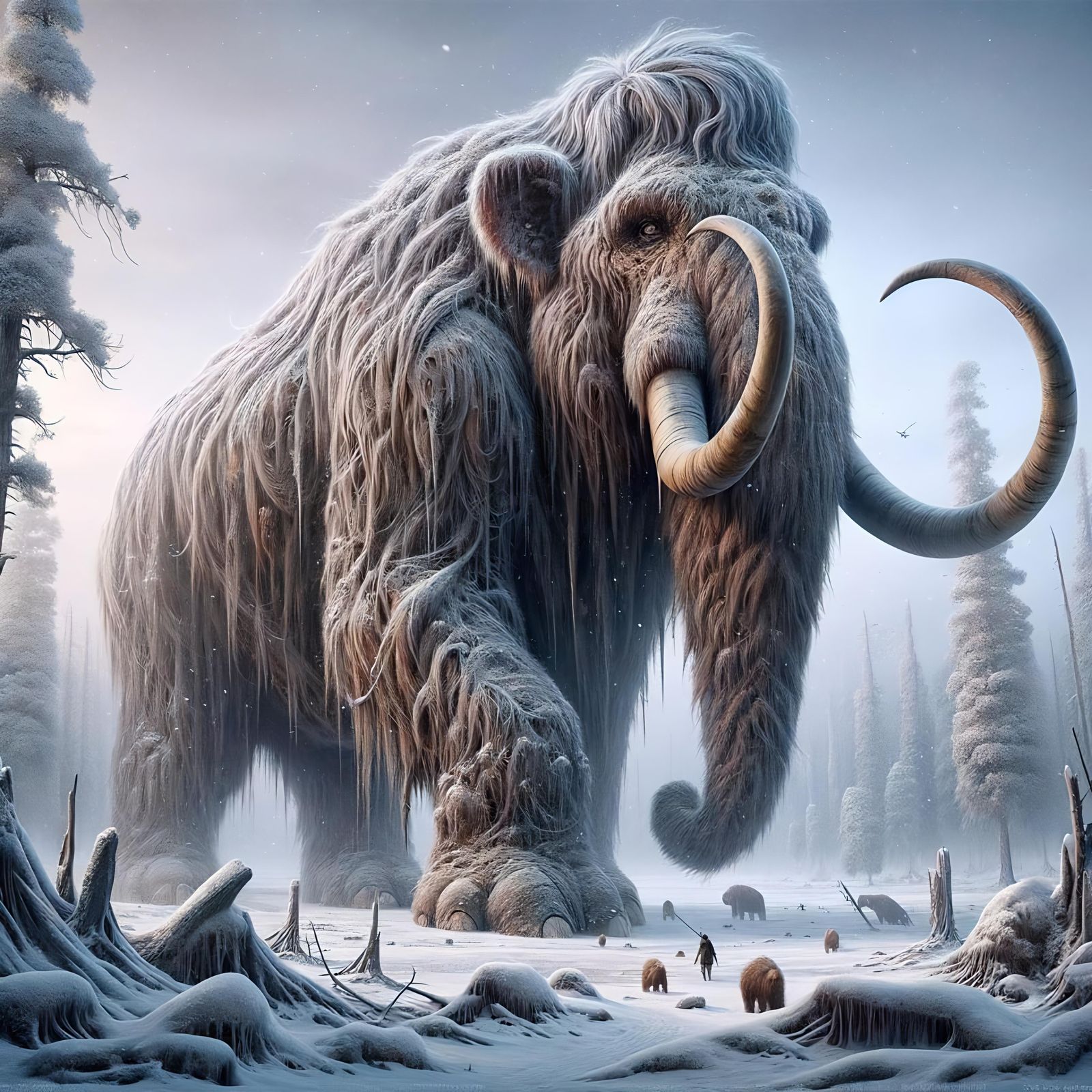 Fantasy Grizzled Mammoth in Arctic Woodland