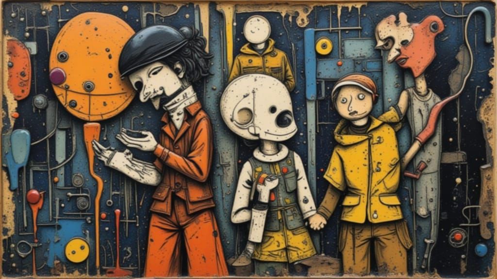 Surreal Stage Scene with Flying Feet Characters