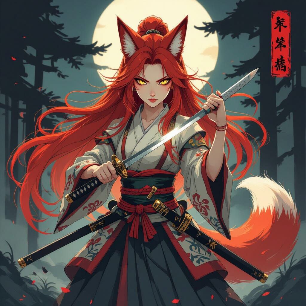 Kitsune Warrior Duel Wields Katanas in Ukiyo-e Style