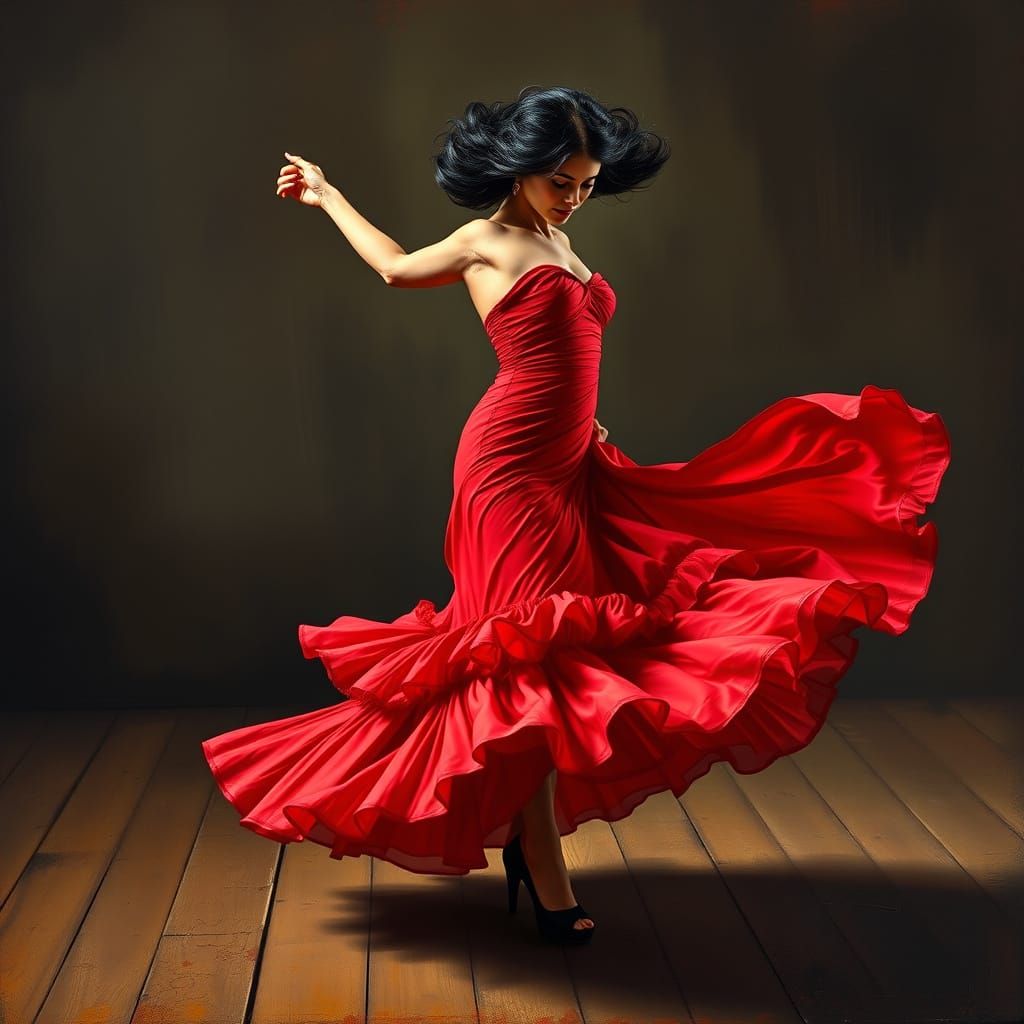 Vibrant Red Flamenco Dancer in a Whirling Chiffon Dress