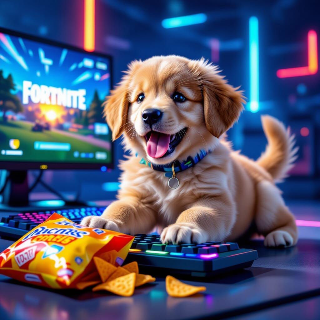 Golden Retriever Puppy Gaming with RGB and Doritos