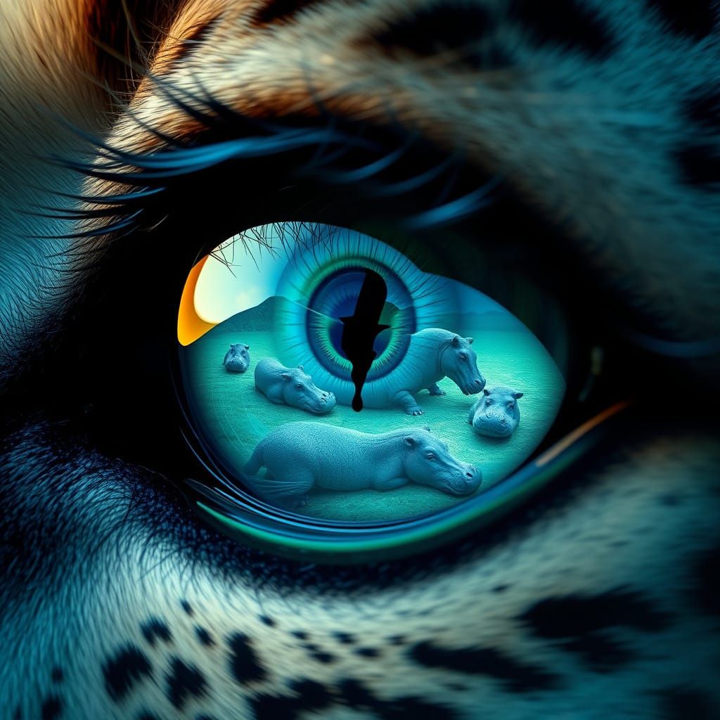 Emerald Eye Reflected in Serene Hippo Waters in Hyper-Realis...