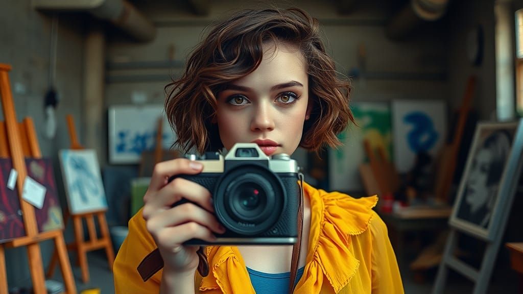 1970s Style Portrait of Woman with Super 8 Camera