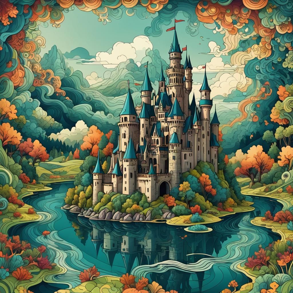 Mystical Castle with Lake Moat in Abstract Fractal Style