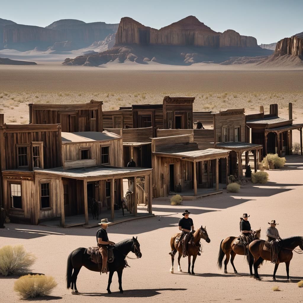 Desert Ghost Town with Horses and People