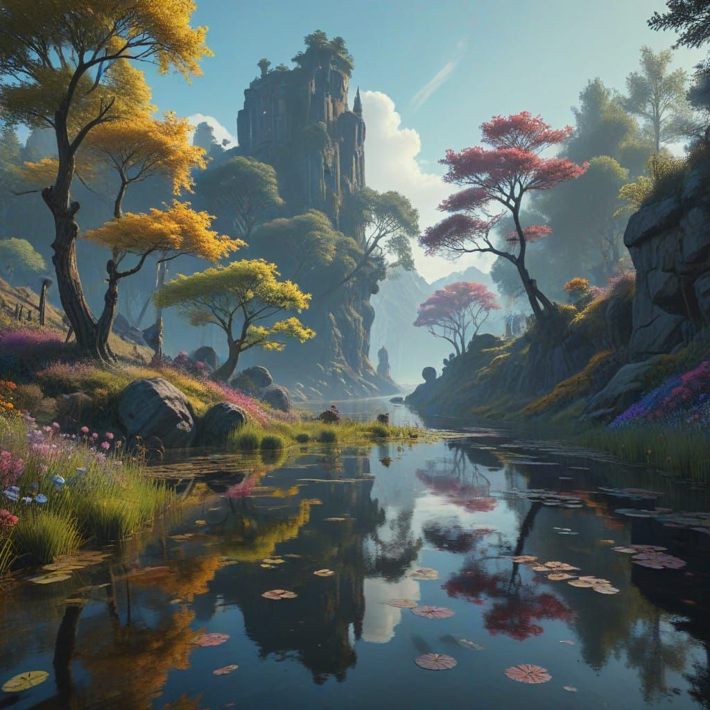 Surrealistic Pond Landscape in Vibrant, Cinematic Style