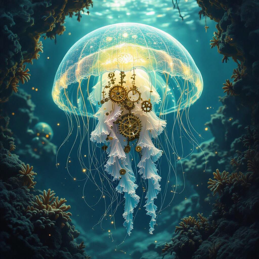 Bioluminescent Jellyfish in Steampunk Underwater Realm