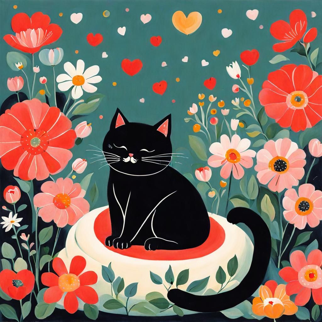 Whimsical Cat with Flowers in Illustration Style