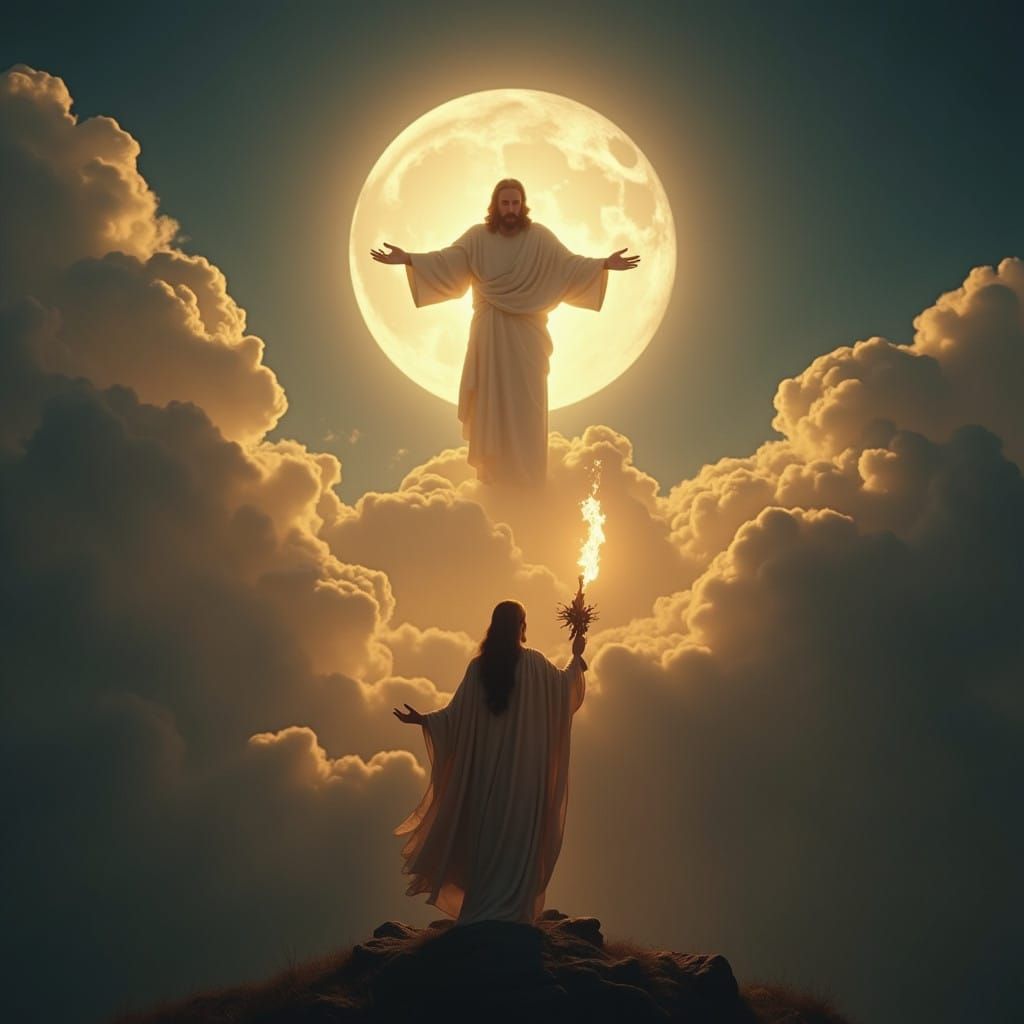 Jesus Illuminated by Full Moon in Heavenly Scene