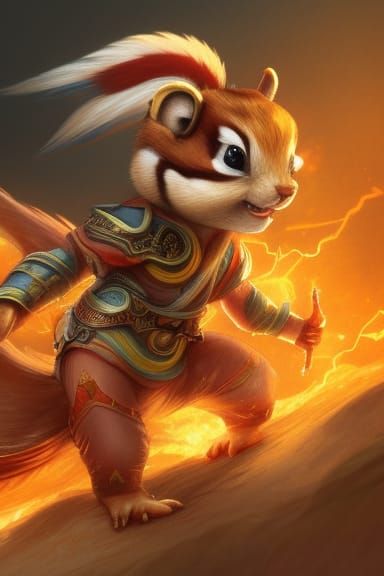 Fire Chipmunk Monk Rides Lightning, Detailed Concept Art