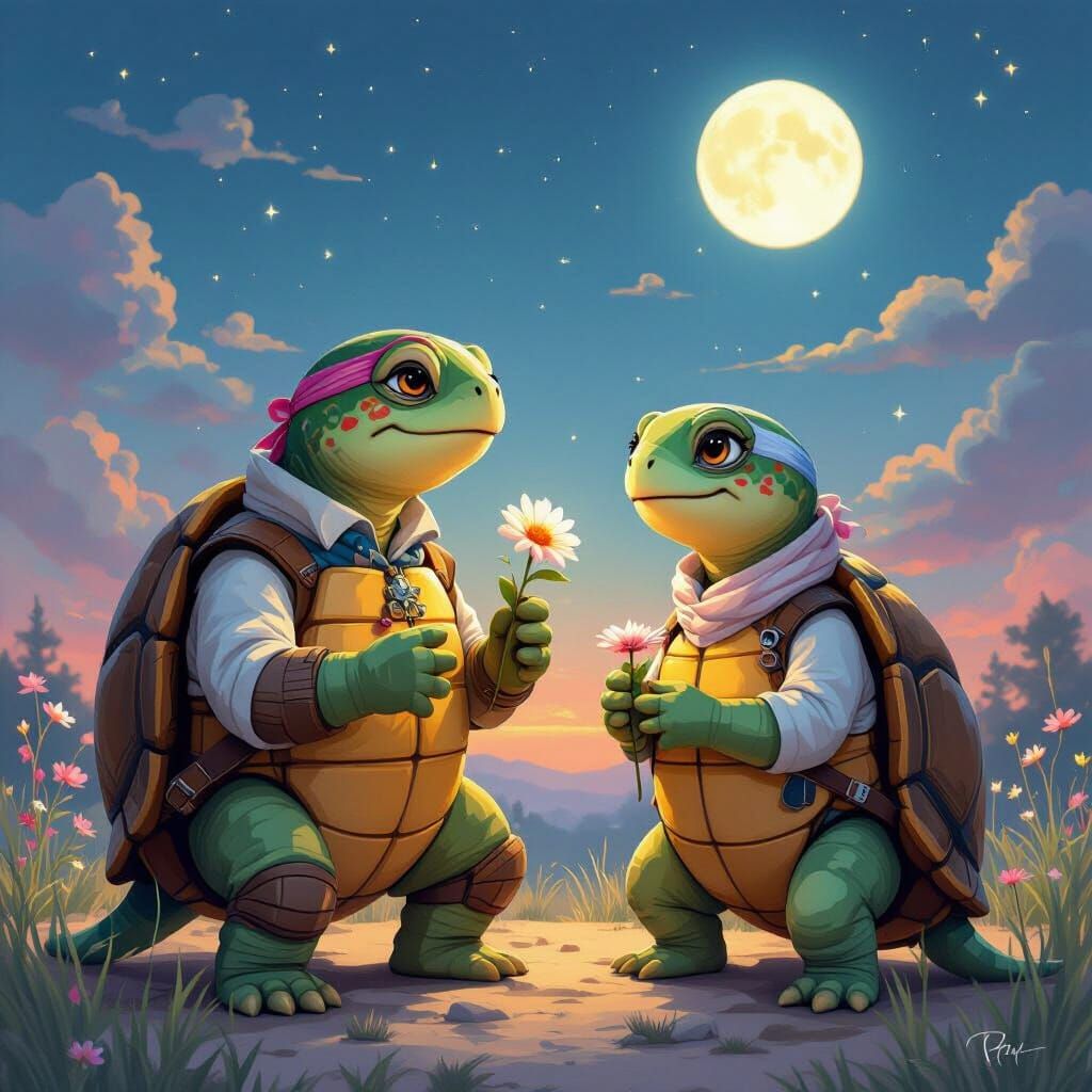 Romantic Turtle Serenade in Digital Art Style