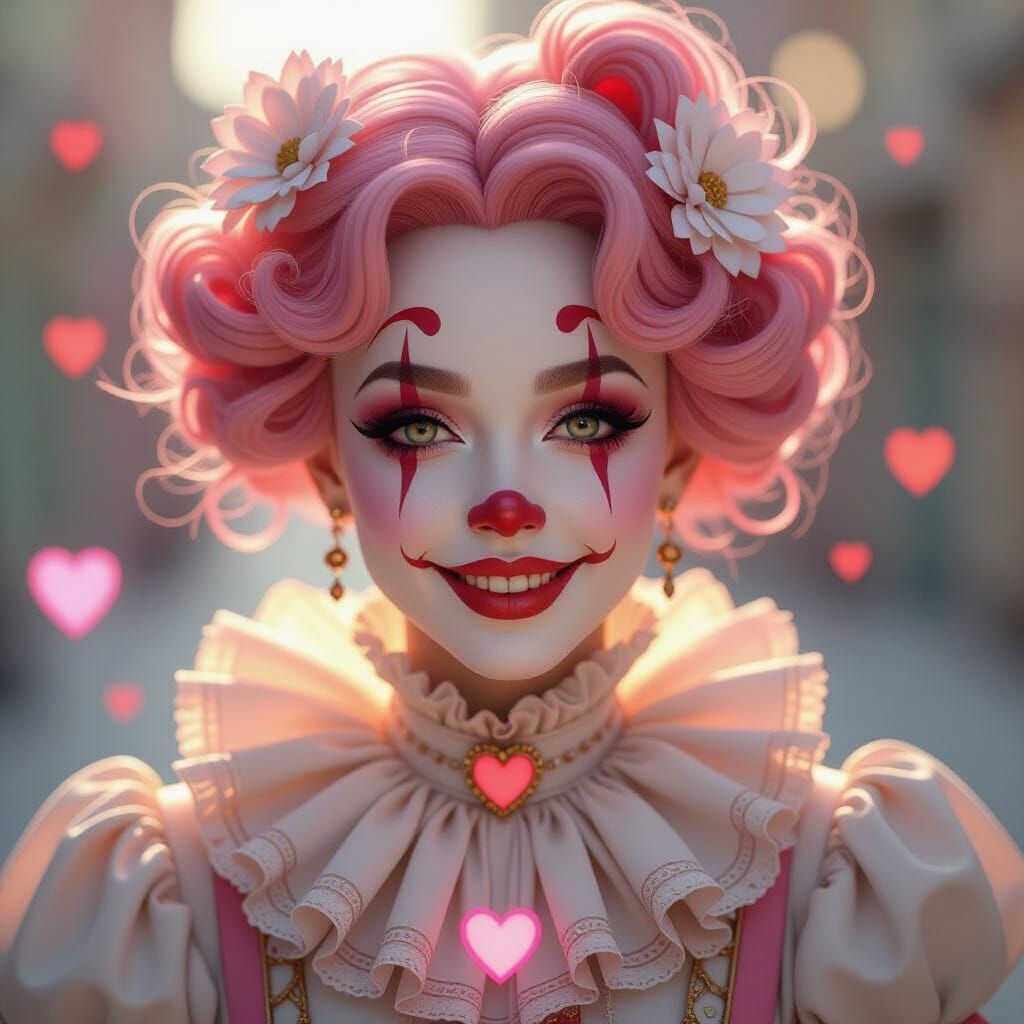 A captivating, cinematic portrait of a romantic harlequin cl...