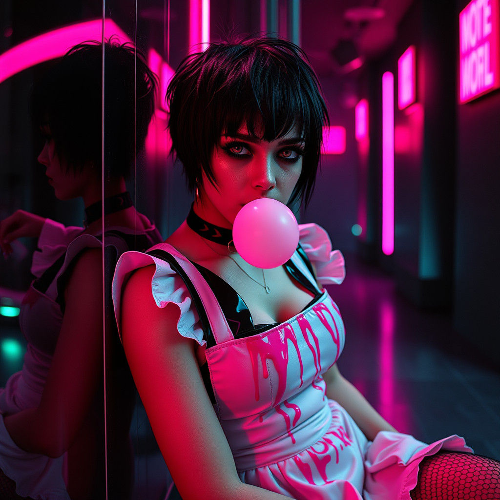 Cyberpunk Maid Ire in a Neon Hotel