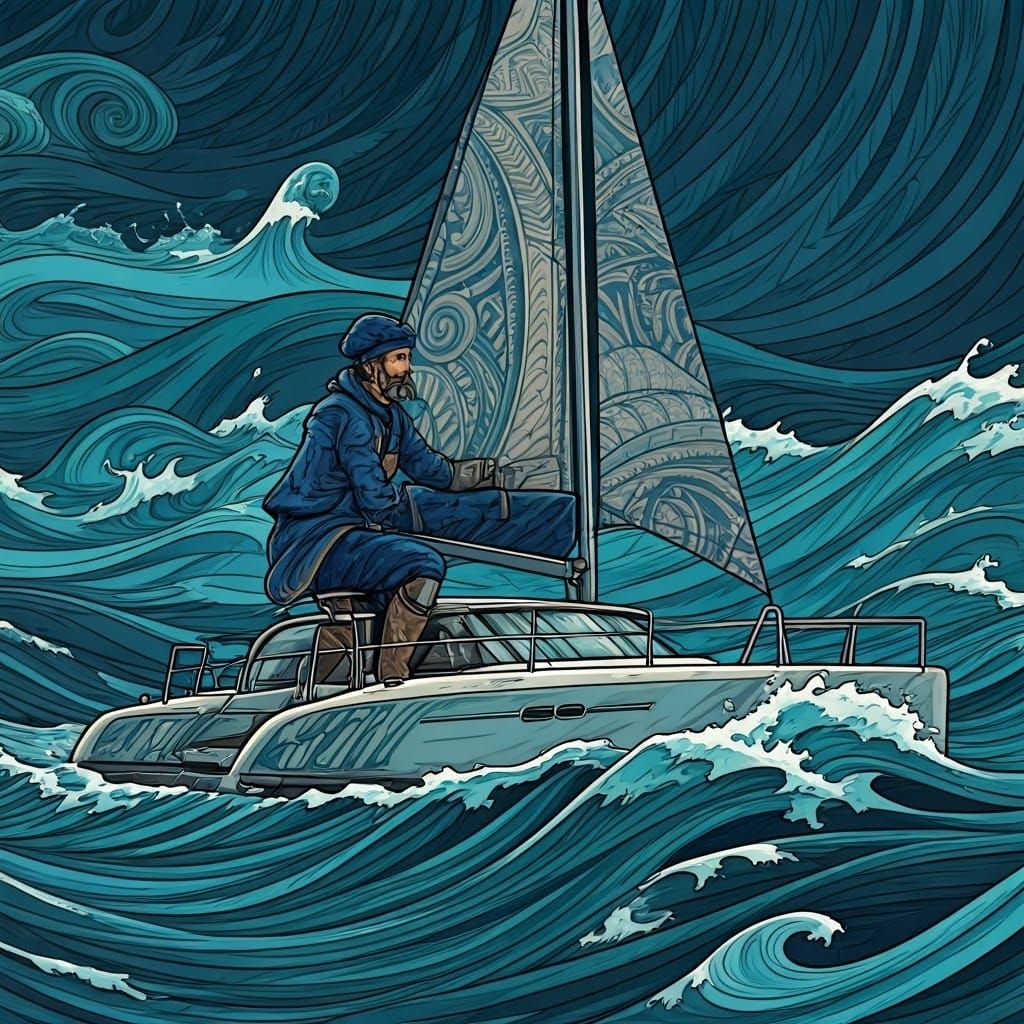 Greek Sailor Navigating Stormy Seas in Abstract Vector Art
