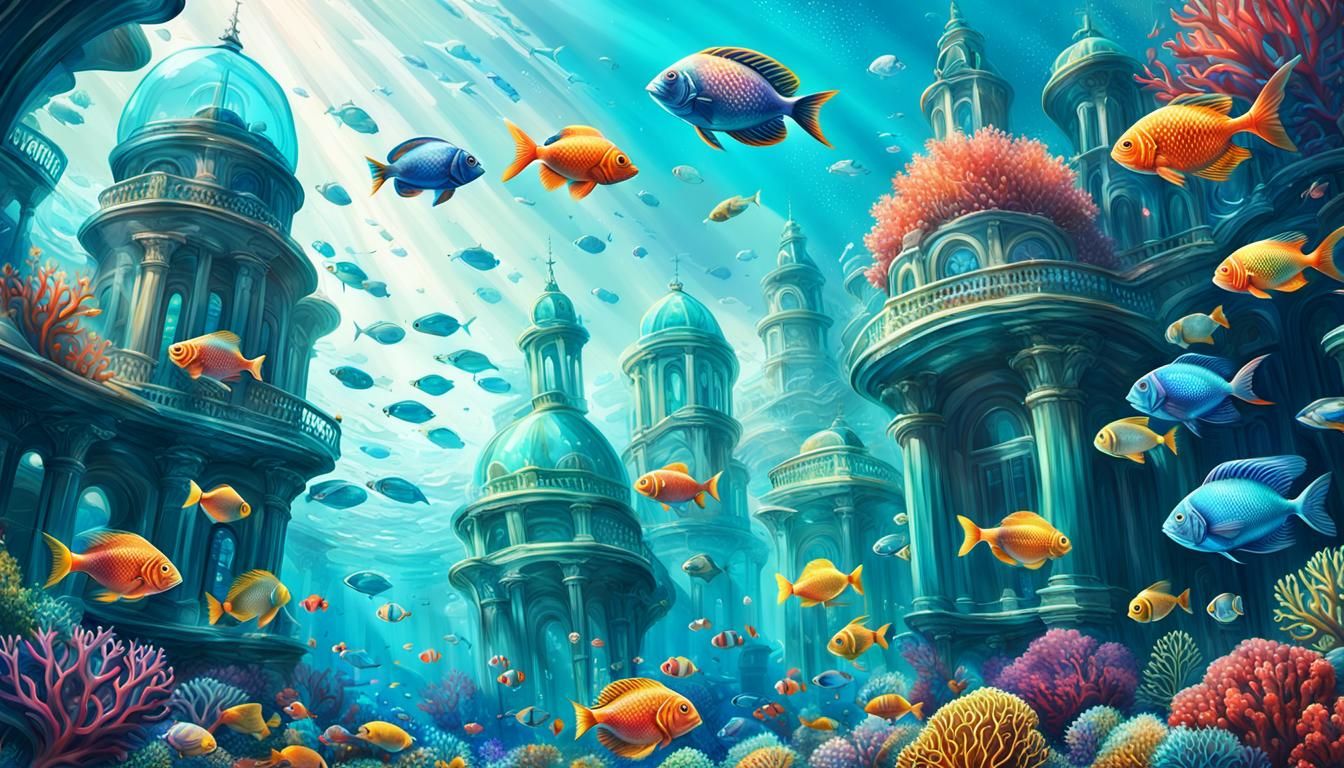 Futuristic Underwater City with Coral and Fish