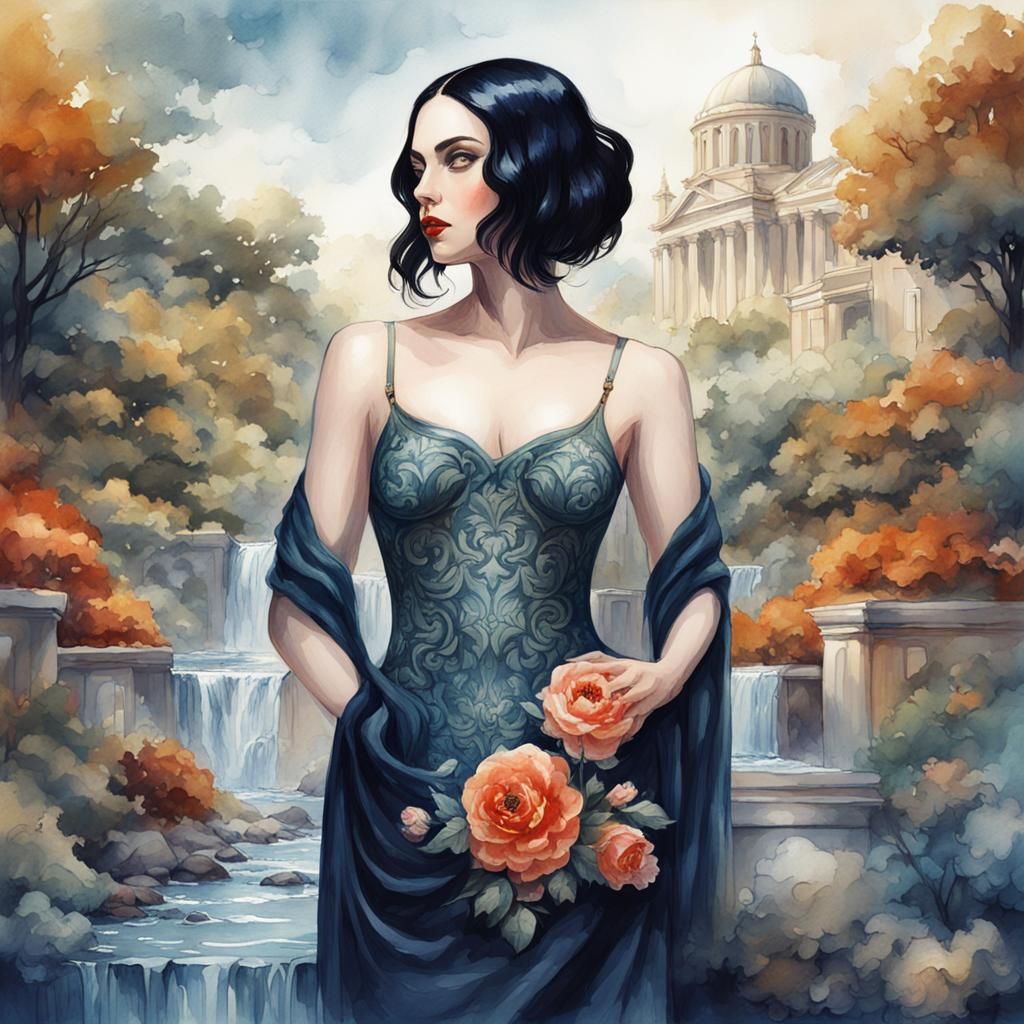 Gothic English Woman as Aphrodite in Watercolor