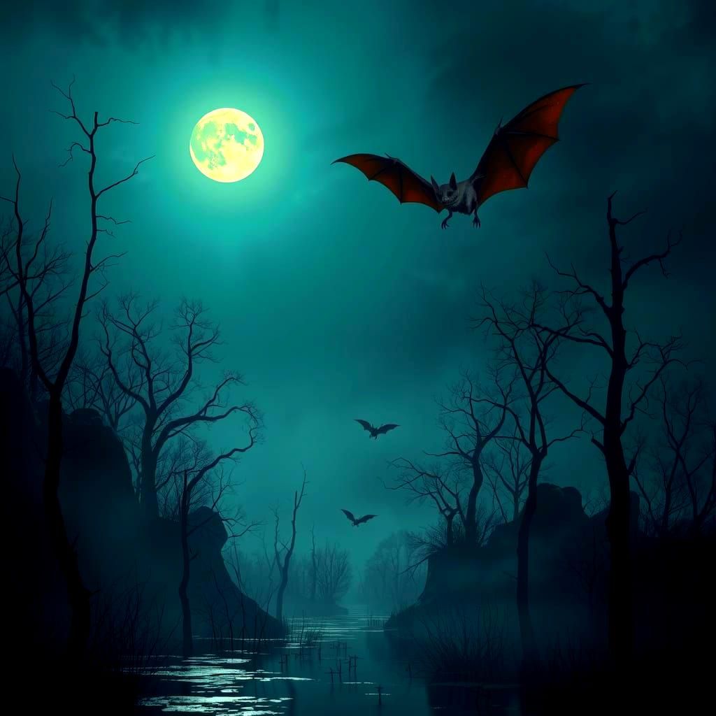 Bat Soaring Over Misty Swamp in Moonlight