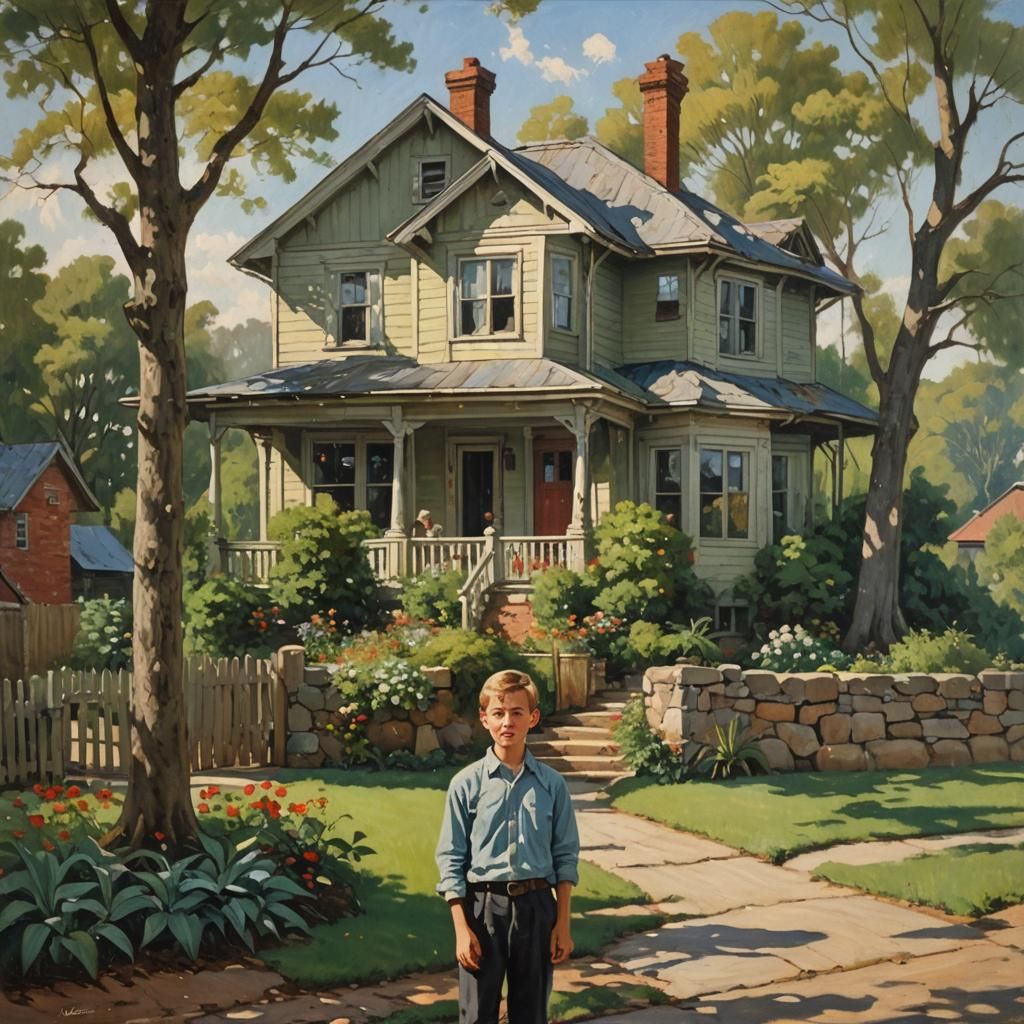 Boy and House in Country, Gurney-Style Oil Painting