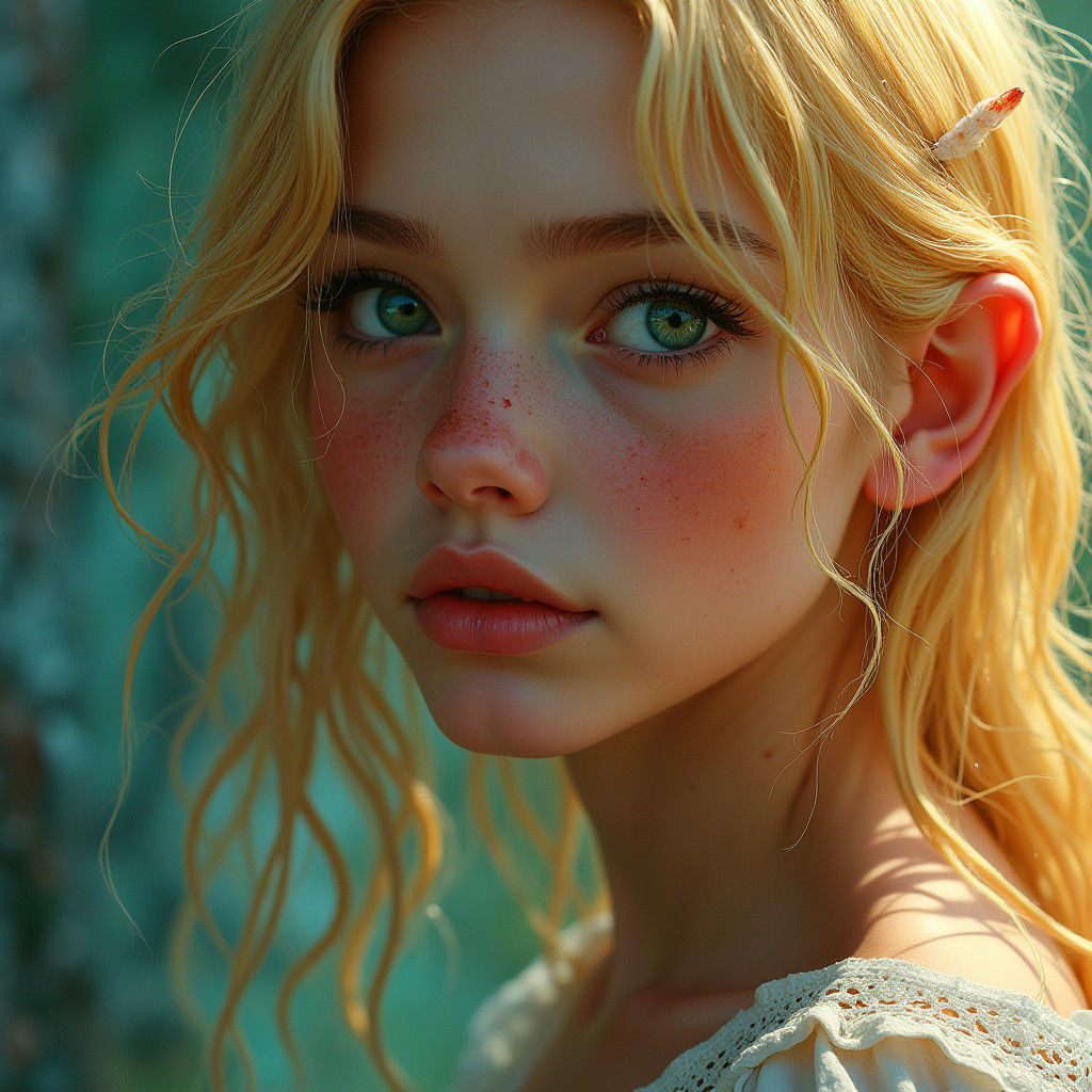 Hyperrealistic Portrait of a Blonde Girl in Fantasy Setting