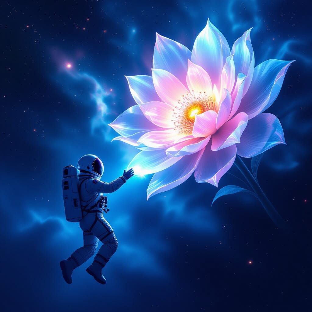 Astronaut Reaching for Crystalline Flower in Nebula