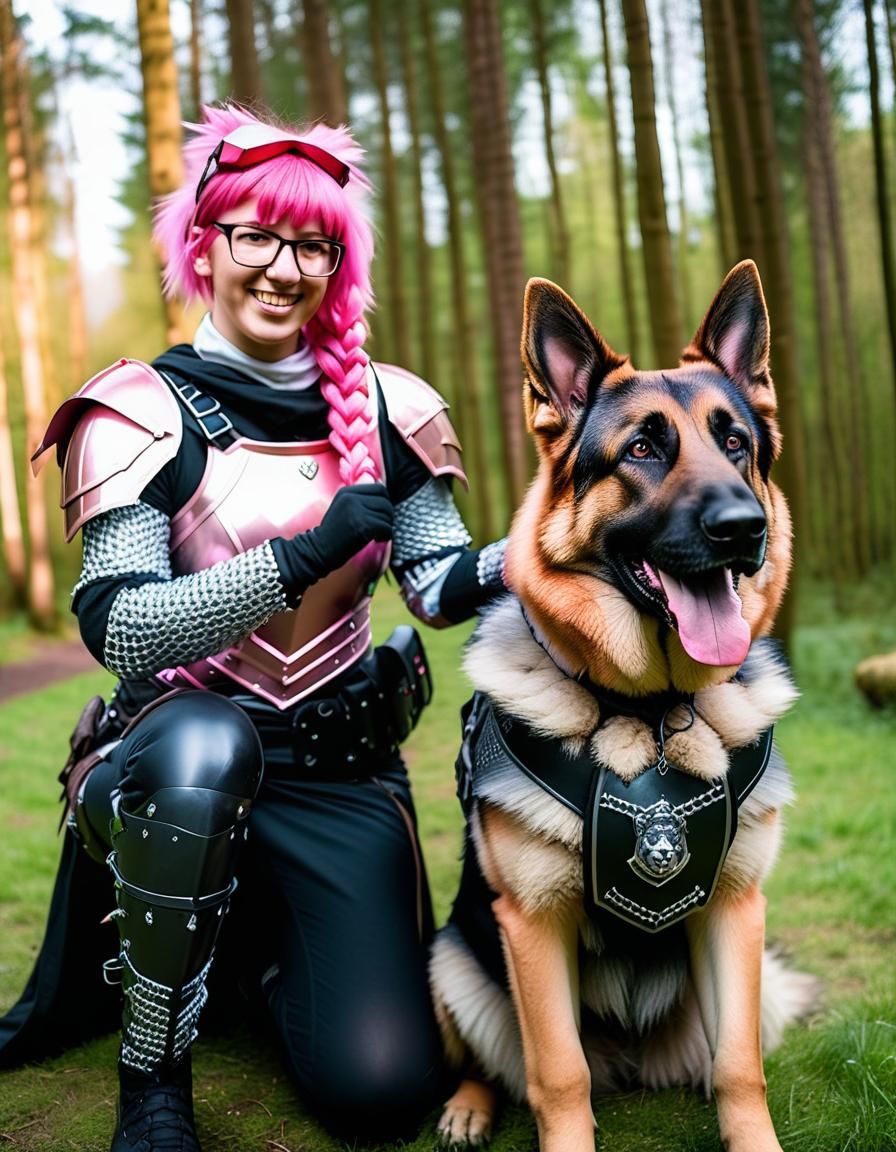 Pink-Haired Cosplayer with Dog in Forest