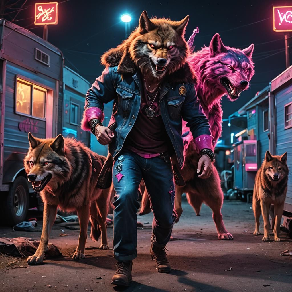 Viking Berserker vs Wolf in Neon Noir Trailer Park