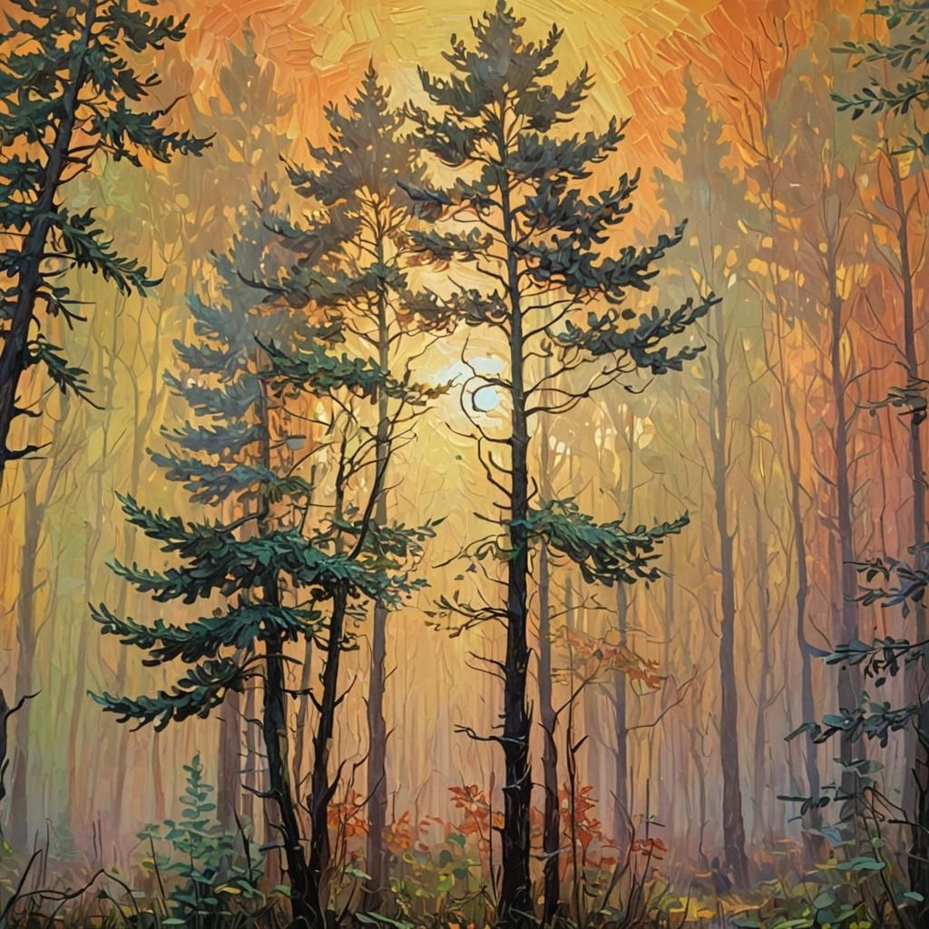 Eerie Forest at Sunset as Impasto Oil Painting