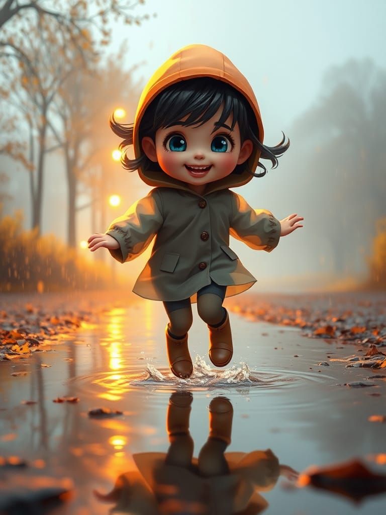Pixar-Style Caricature of Girl Jumping in Puddles