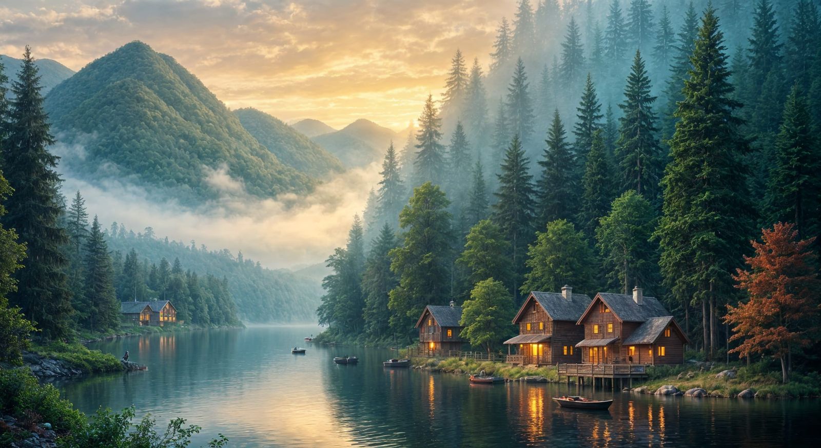 Foggy Forest Sunset with European Village and Vivid Colors