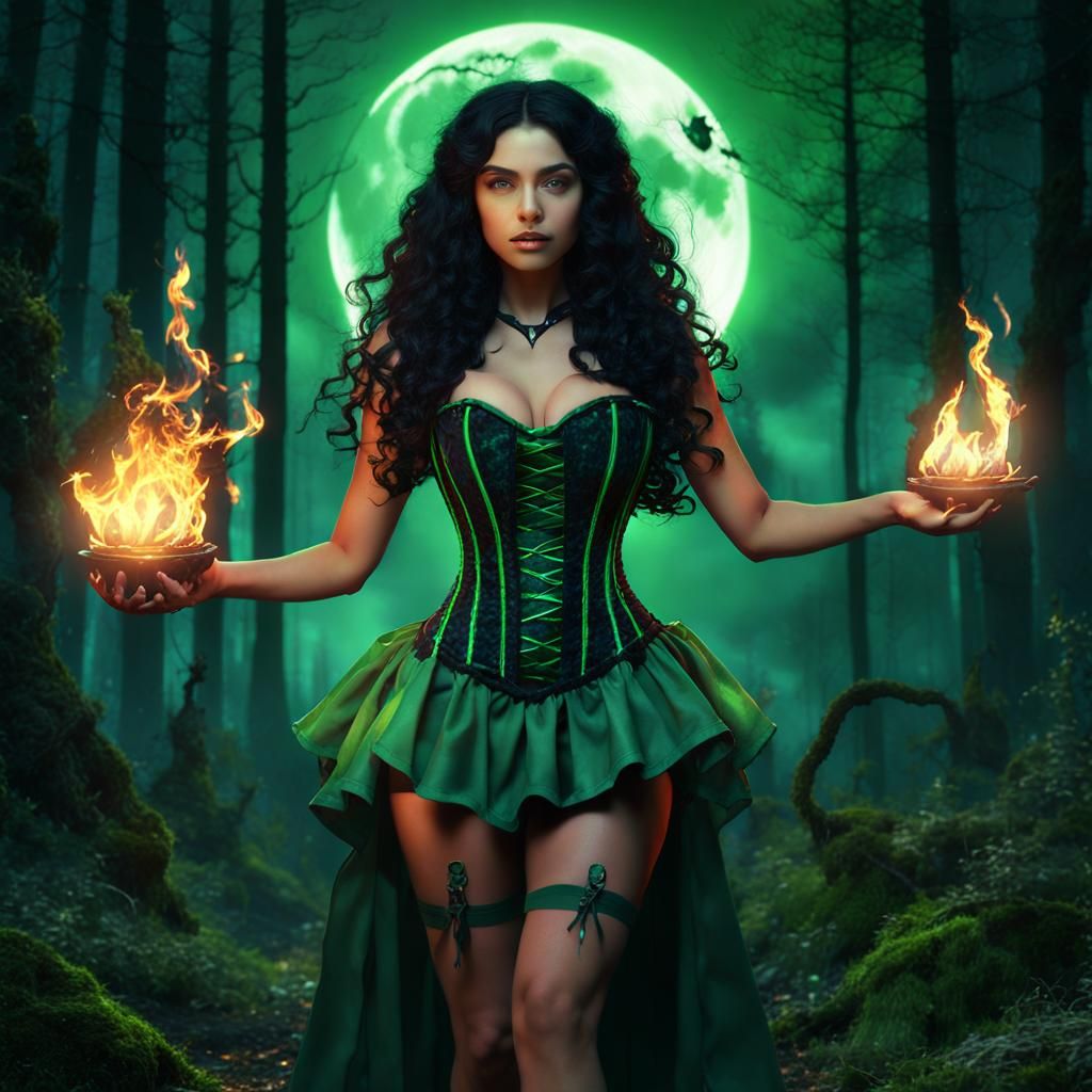 Sorceress Witch Casting Fire Magic at Midnight