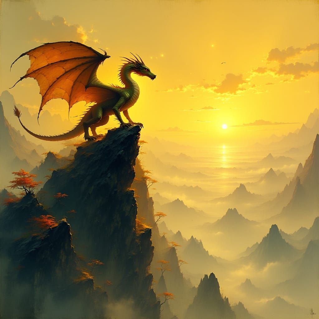 Majestic Golden Dragon on Mountain Peak at Dawn