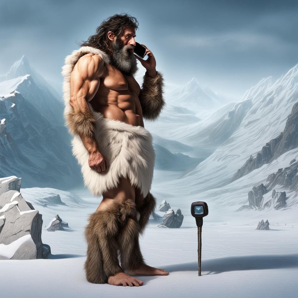 Prehistoric Man Chatting on a Futuristic Phone